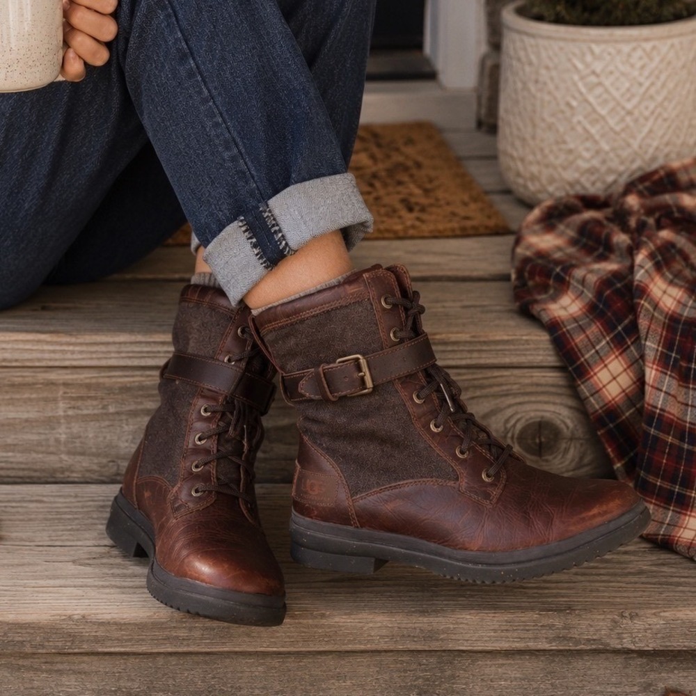 UGG Simmens Waterproof Brown Leather Combat Boots Lace Up Zip Women 8.5 fall